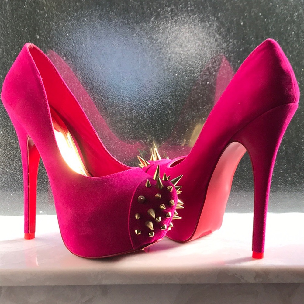 Hot Pink Gold Spike Platform Heels - Size 7